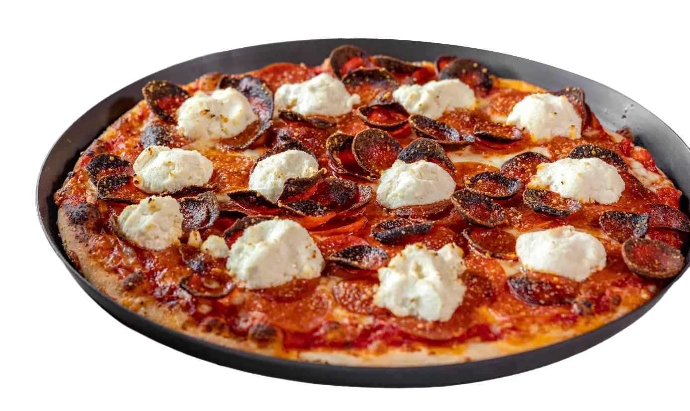 A Fresh Brothers pizza topped with pepperoni and fresh mozzarella