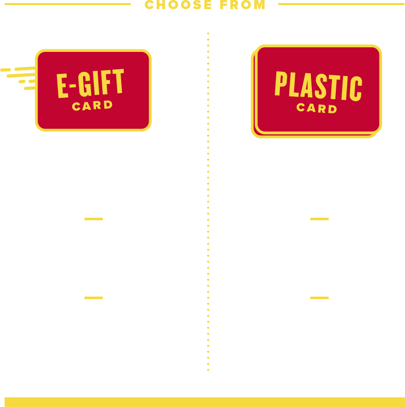 Purchase $50 in Gift Cards = $10 bonus card $100 = $20 in bonus cards