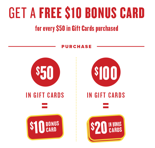 Purchase $50 in Gift Cards = $10 bonus card $100 = $20 in bonus cards