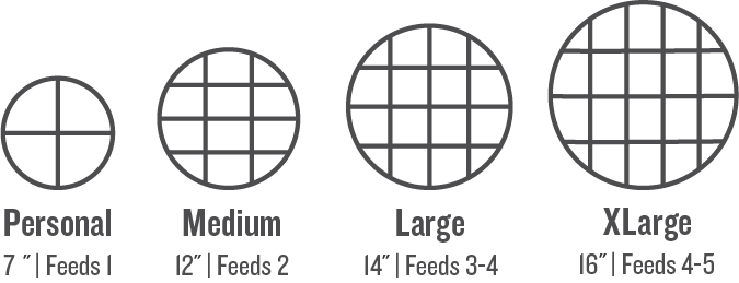 seven inch personal pizza feeds one person, twelve inch medium pizza feeds two people, 14 inch large pizza feeds three to four people, sixteen inch extra large pizza feeds four to five people